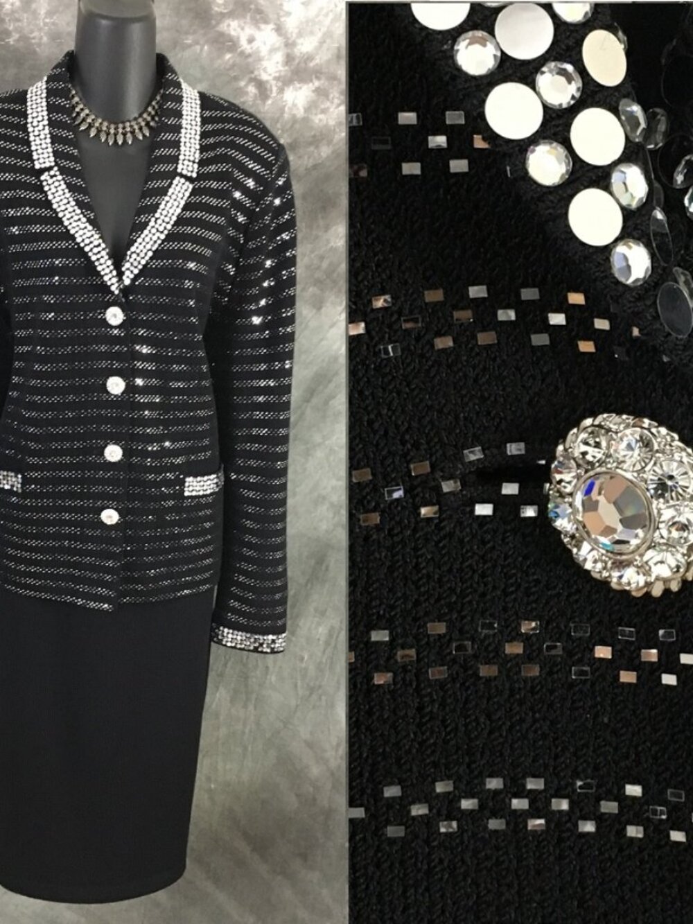 BEAUTIFUL St John evening black rhinestones embellished skirt suit size XL 16